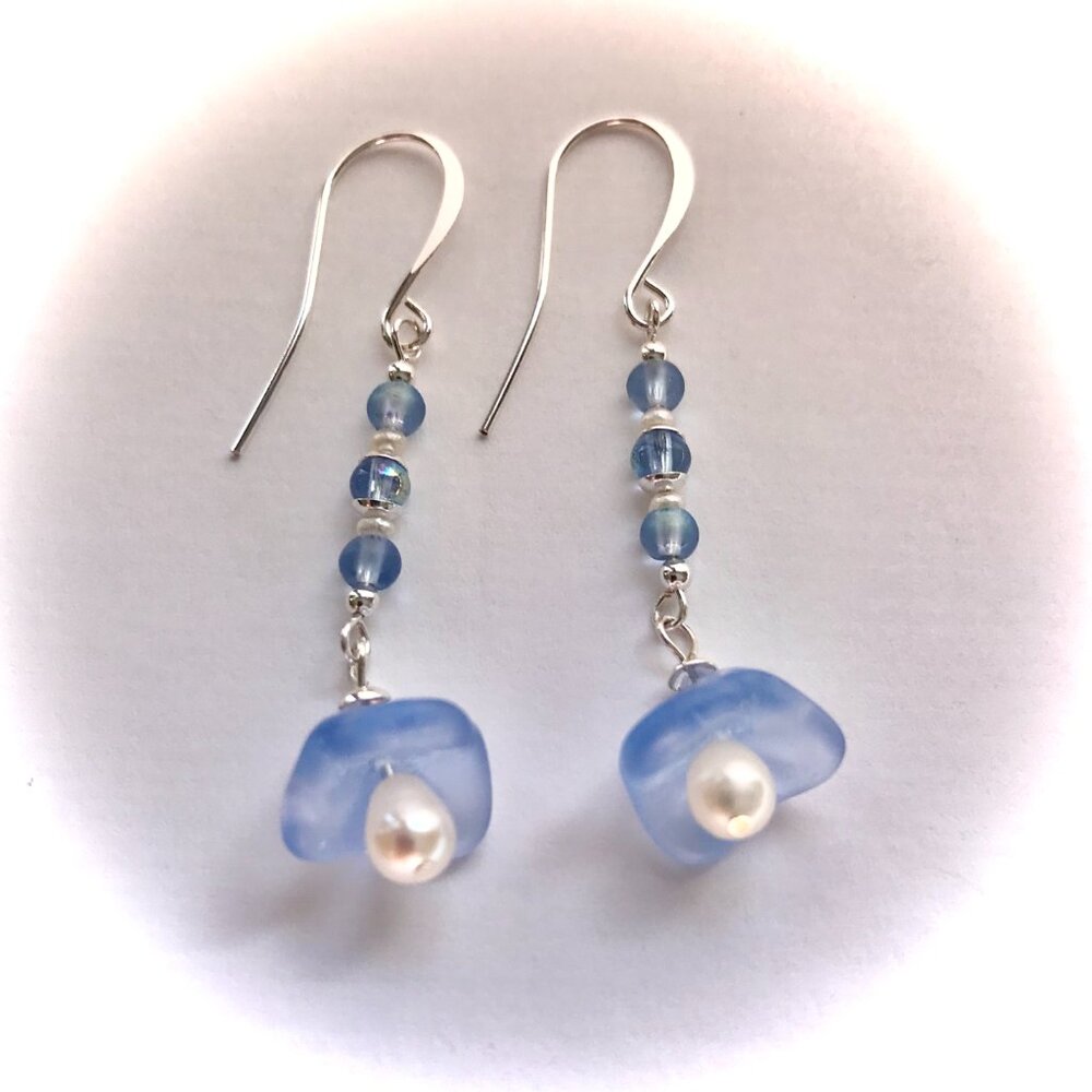 Floral  Blue Glass and Pearl Bead Drop Earrings for Summer